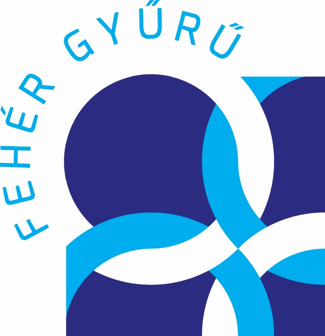 Kék és fehér absztrakt körök és ívek, „GYŰRŰ” felirat kék betűkkel a háttérben.