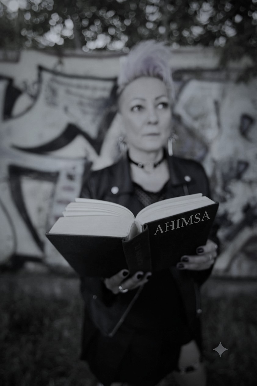 Fekete-fehér portré: nő könyvet tart, „AHIMSA” felirattal.