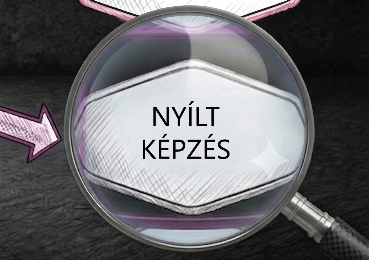 Nagyító alatt „NYÍLT KÉPZÉS” felirat, lila nyilak és szürke háttér, absztrakt oktatási grafika.